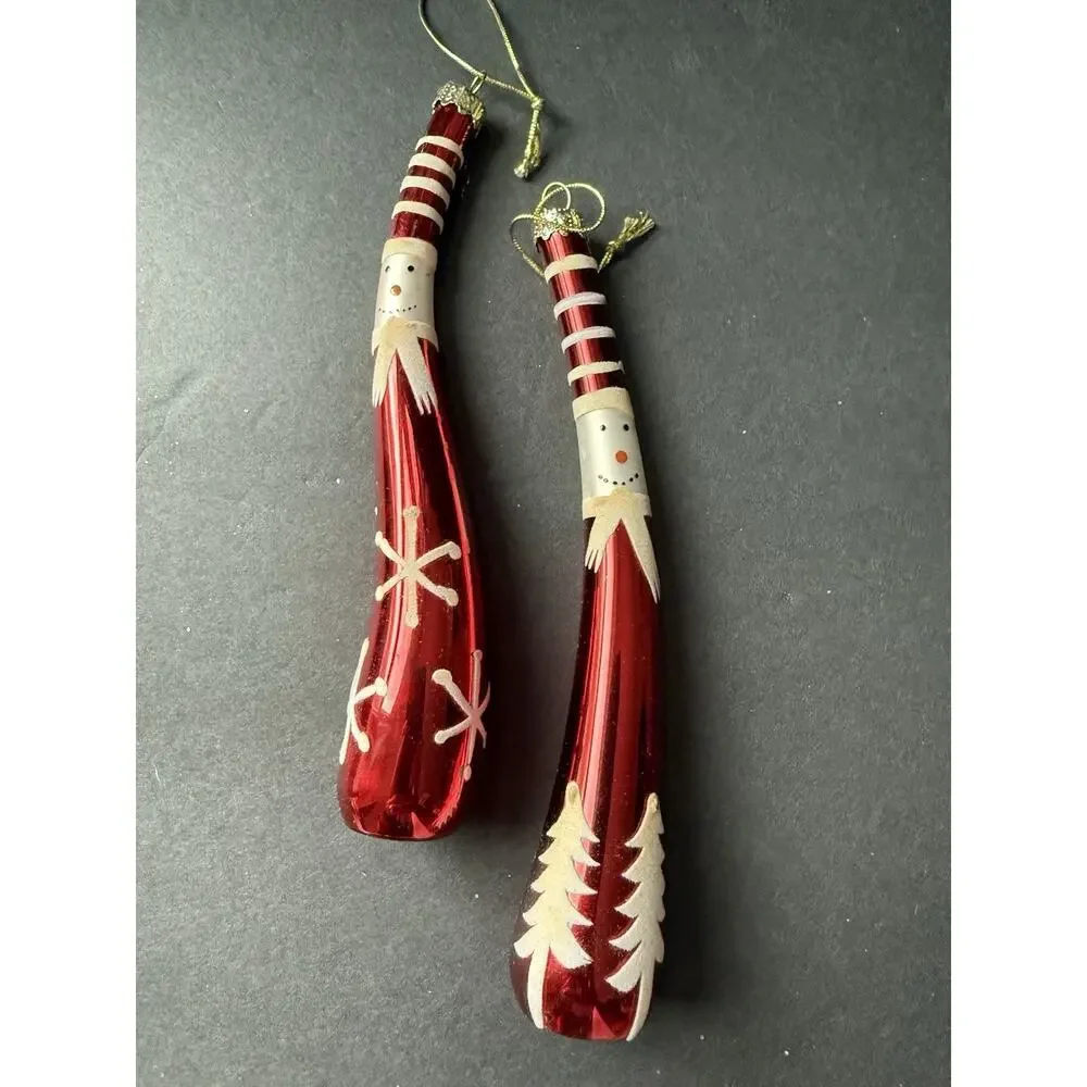 Vtg Hand Blown Glass Snowman Santa Icicle Ornament Red Set (2) Whimsy Holiday